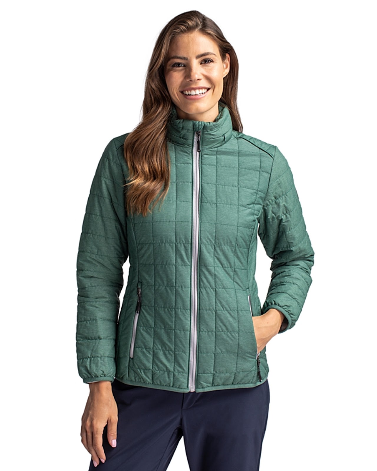 Woman wearing Cutter & Buck Rainier PrimaLoft® Womens Eco Insulated Full Zip Puffer Jacket in Hunter Melange or Green