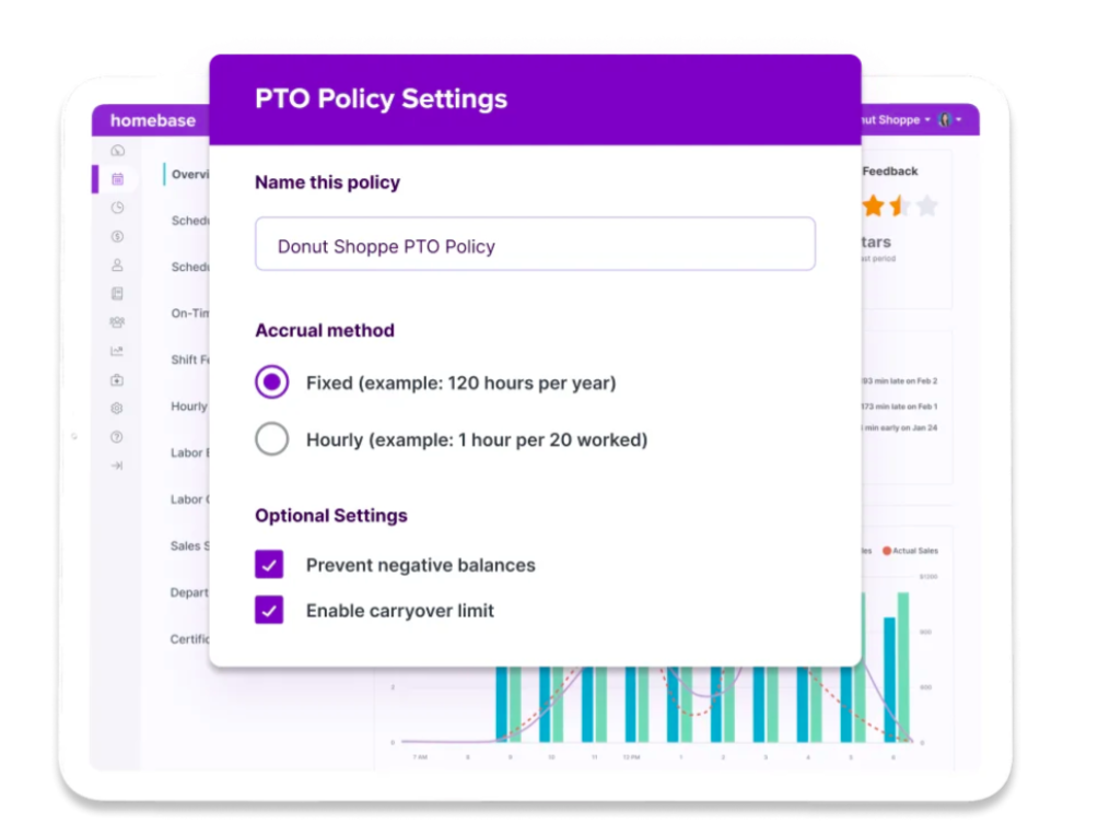 A screenshot showing how you can use Homebase to create a fixed or hourly PTO policy.