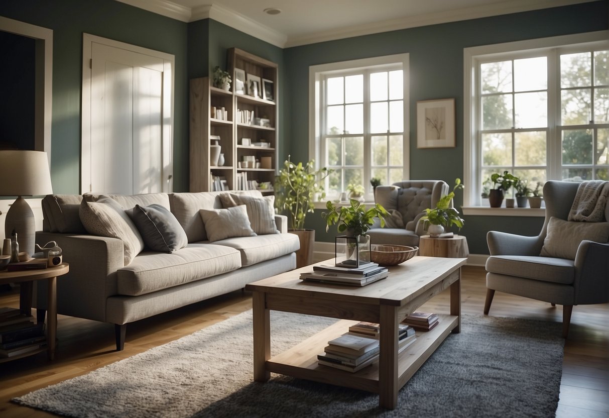 A tidy, well-lit living room with neatly arranged furniture, clean windows, and freshly painted walls. A checklist of home maintenance tasks is displayed on the coffee table