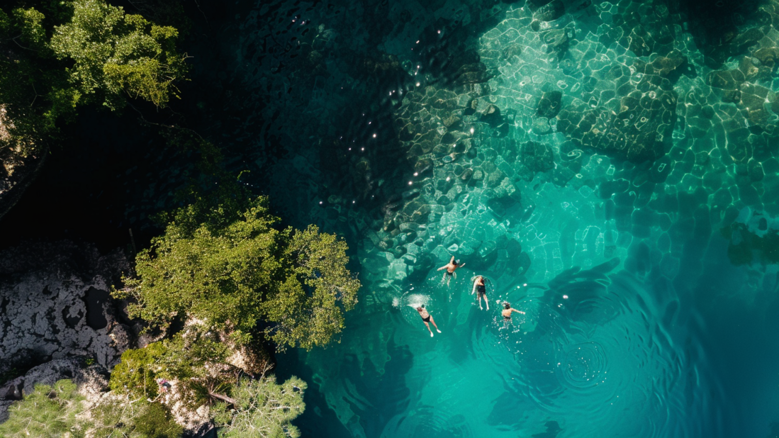 Aerial shot of people swimming on a cenote 