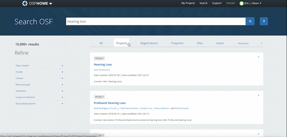Gif of user using refine filters to search projects on the OSF