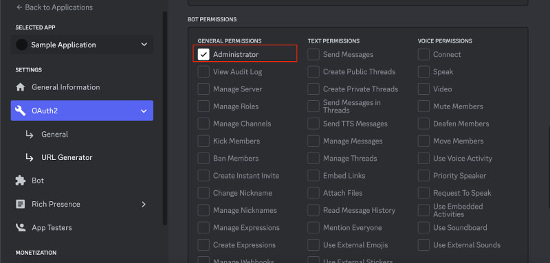 Select Administrator under bot permissions