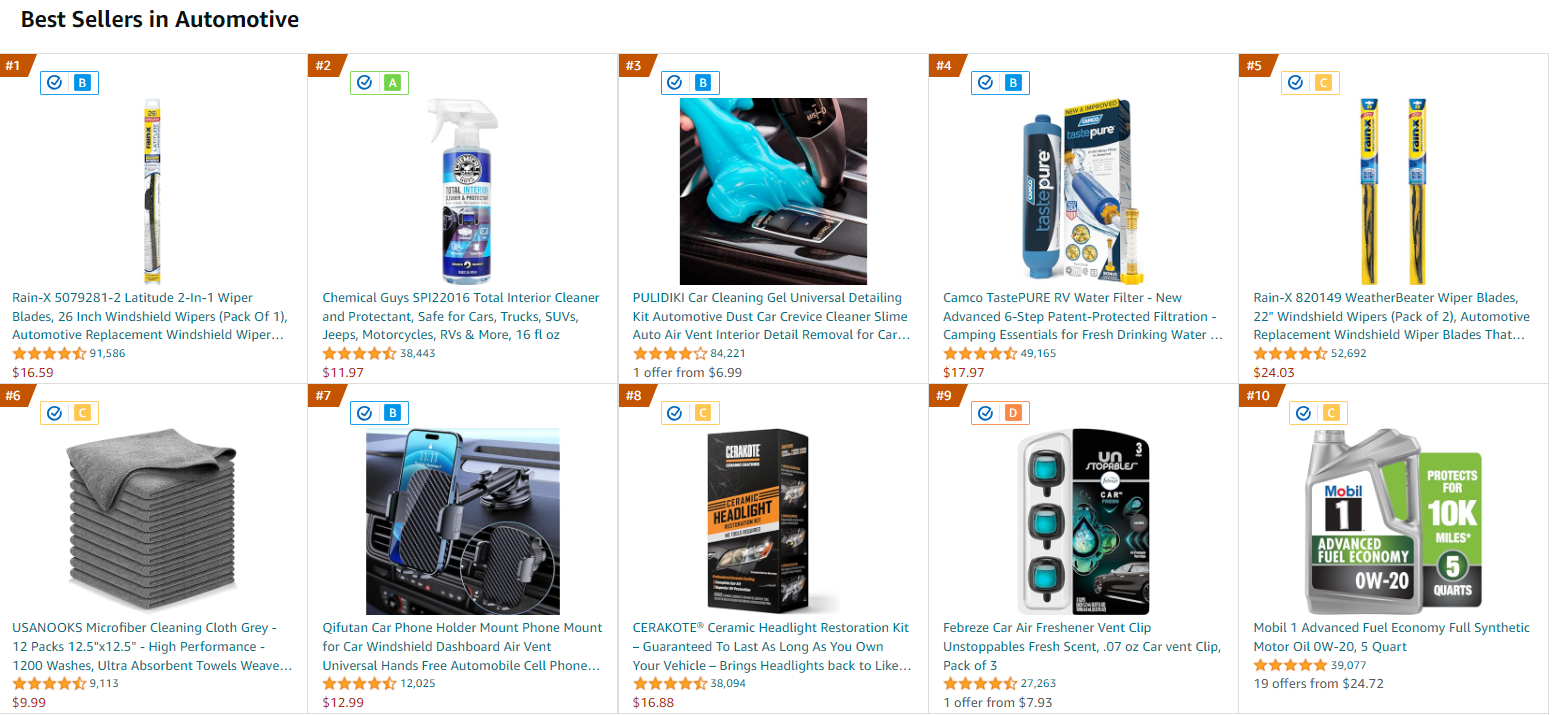 Screenshot of automotive products from Amazon