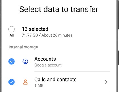 List of data to transfer with the Smart Switch app on a Galaxy phone