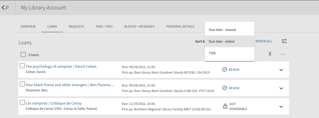 A screenshot demonstrating how to sort checkouts in a UC Library Search account.