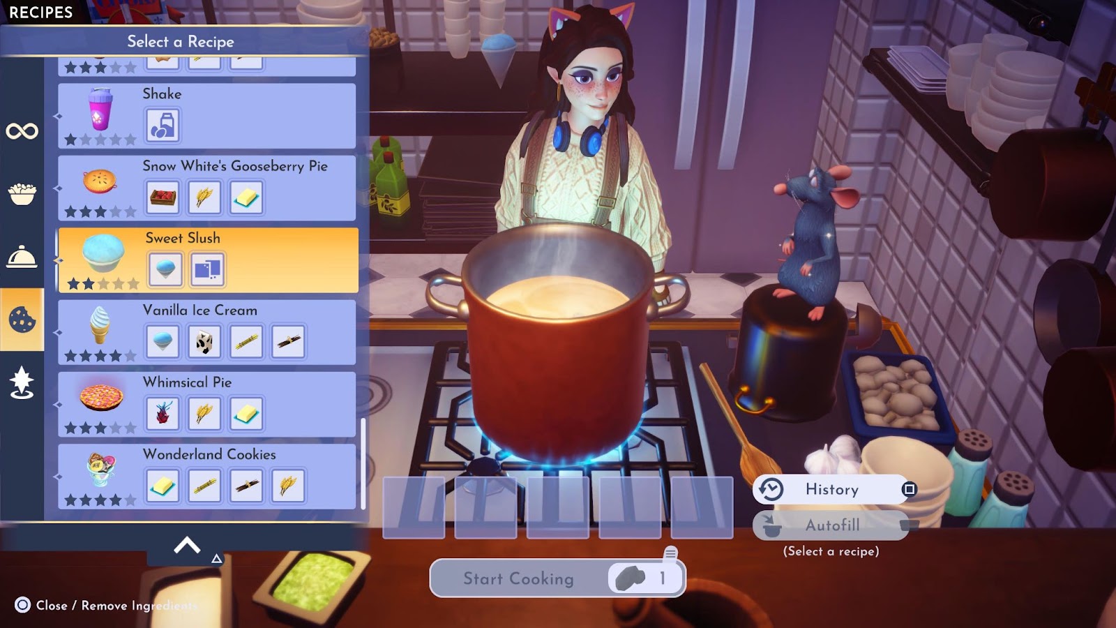 An in game screenshot of the player character cooking from Disney Dreamlight Valley. 