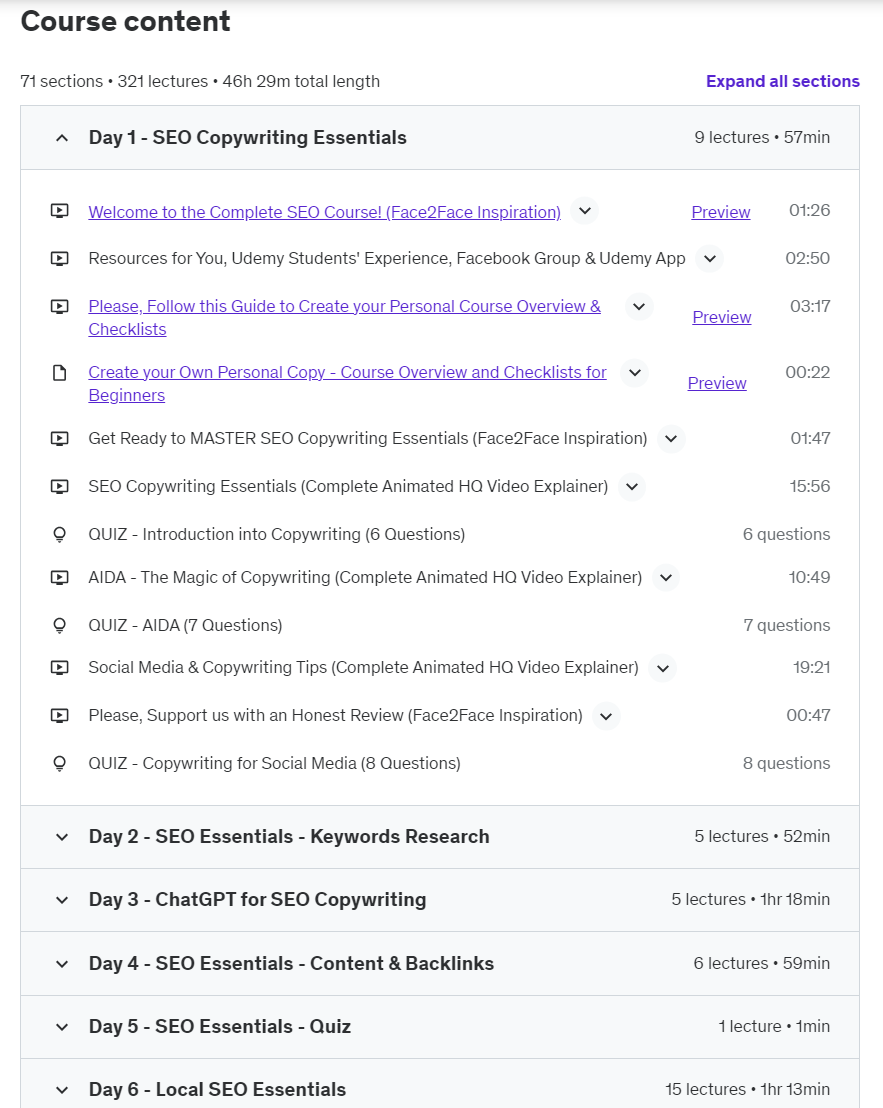 Course content of an SEO course in Udemy