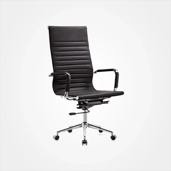 Black PU leather office chair with textured surface, high back, armrest, and swivel function