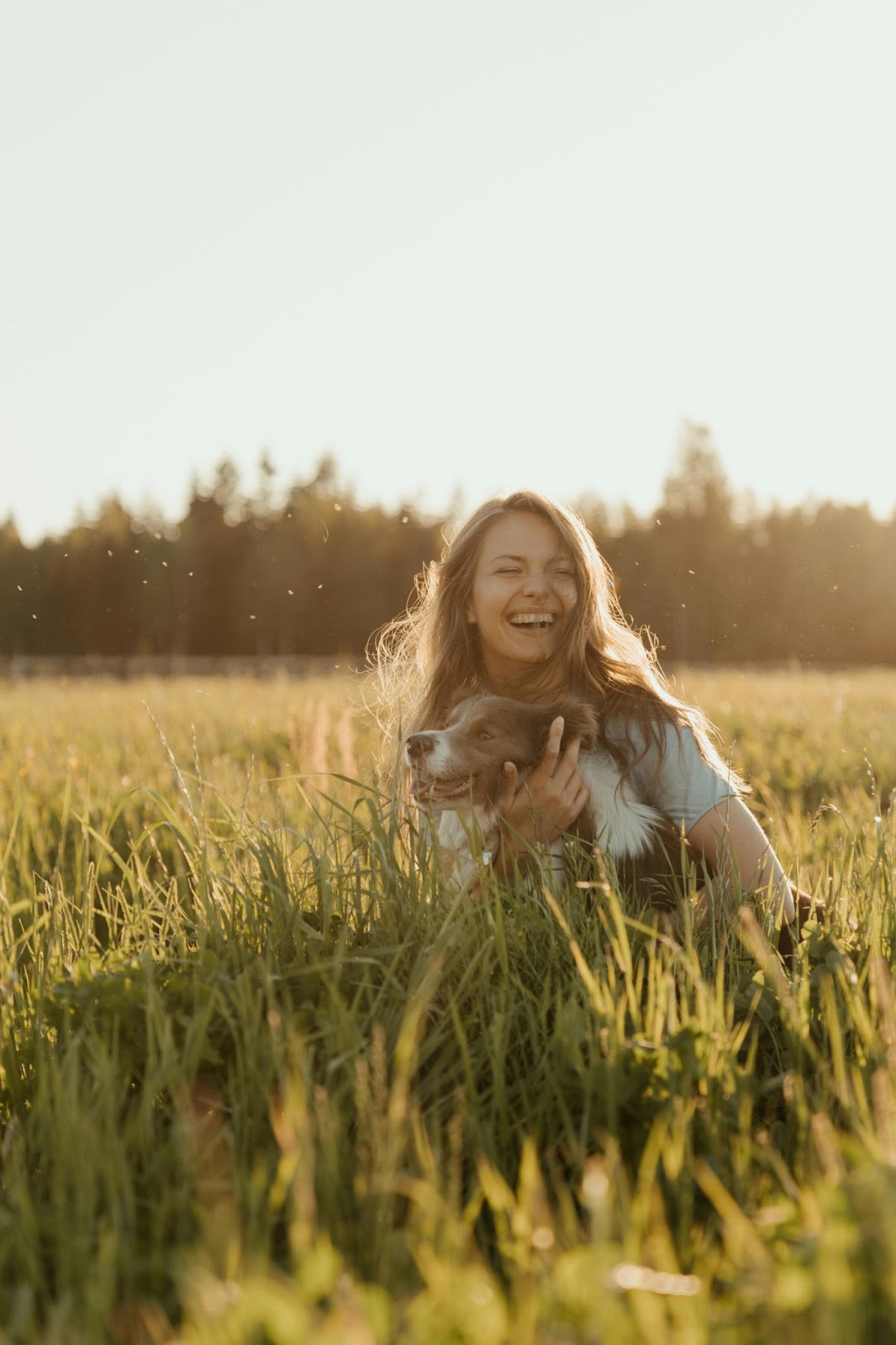 happy smiling dog owner and dog in a field of grass with the sun shining