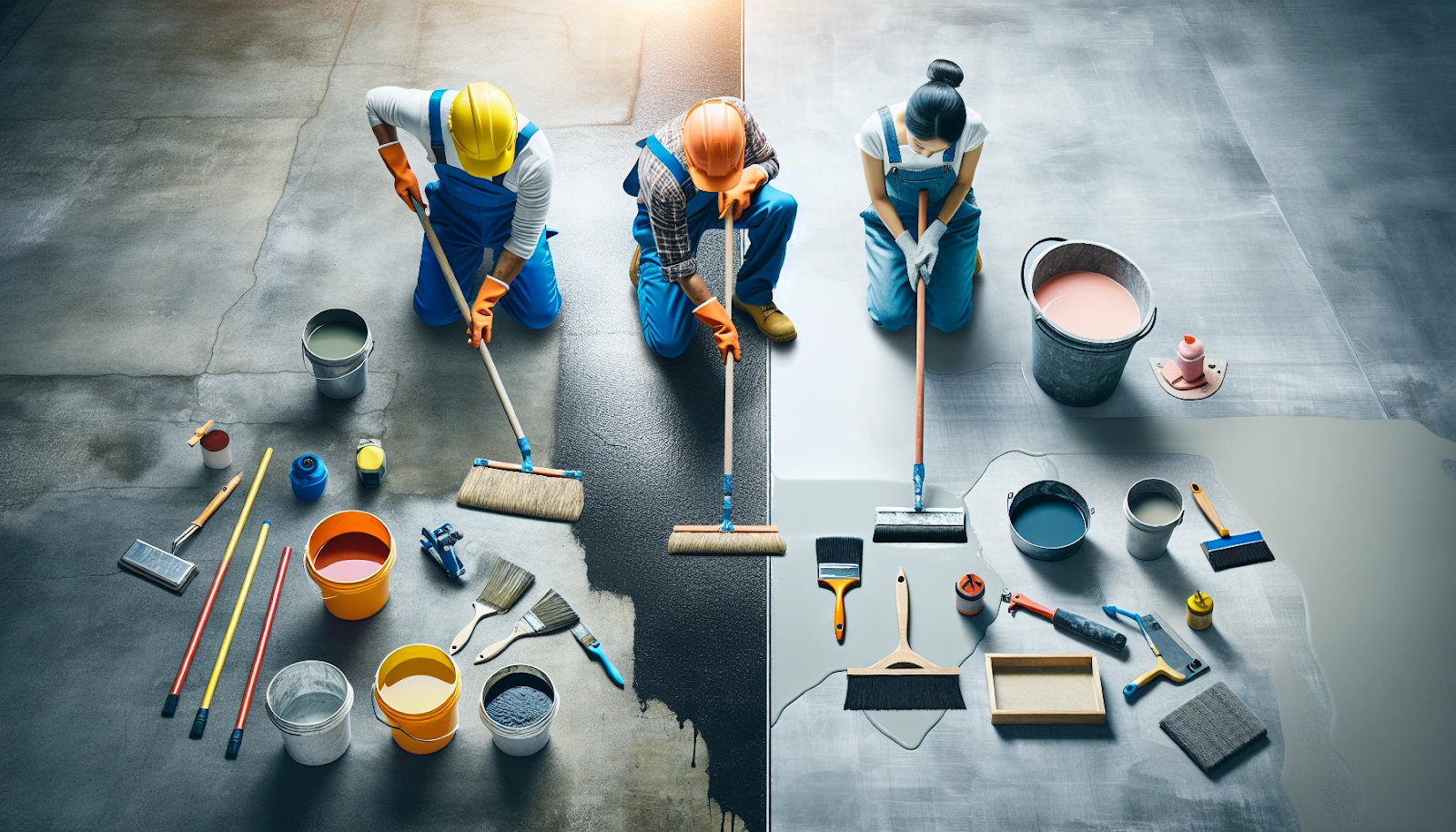 Three workers applying coatings to a concrete floor, with various tools and buckets of materials beside them.