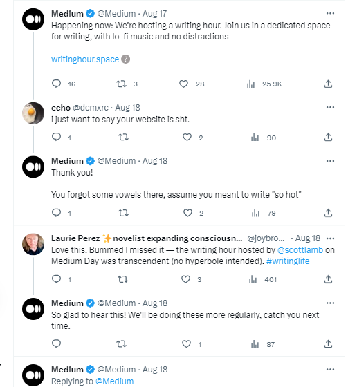 A snippet of how Medium engages its readers on Twitter