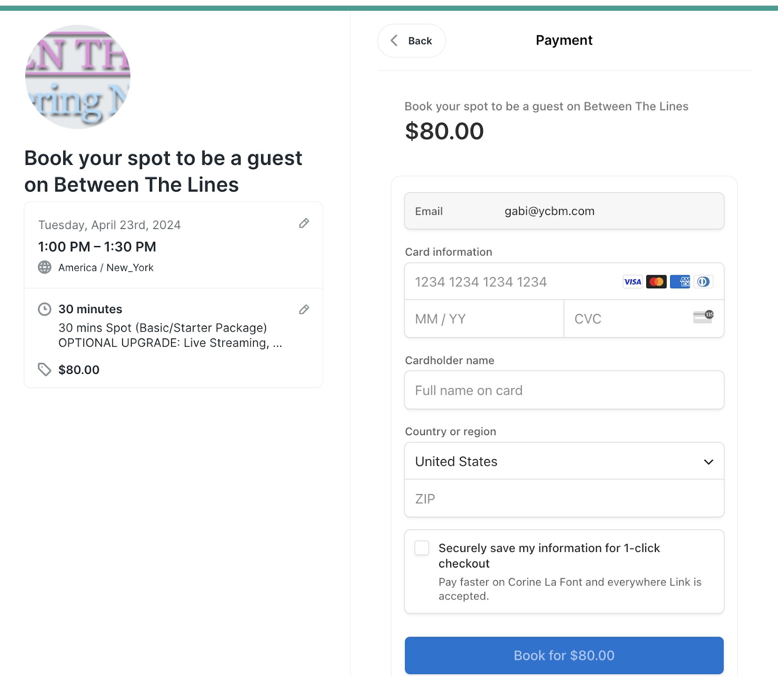 example of booking page that accepts payments