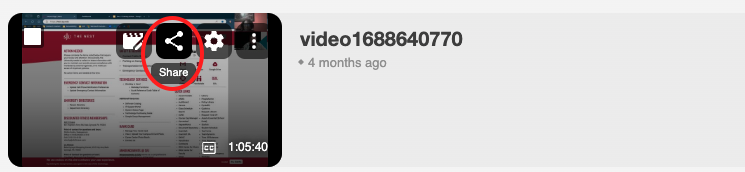 Screenshot of a Panopto video with the Share icon circled.