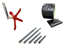 An image of a malco impact driver, a rolling gutter buddy, gutter coil bands and protective wraps for gutter coil. All available as a package deal from GutterWorks USA!