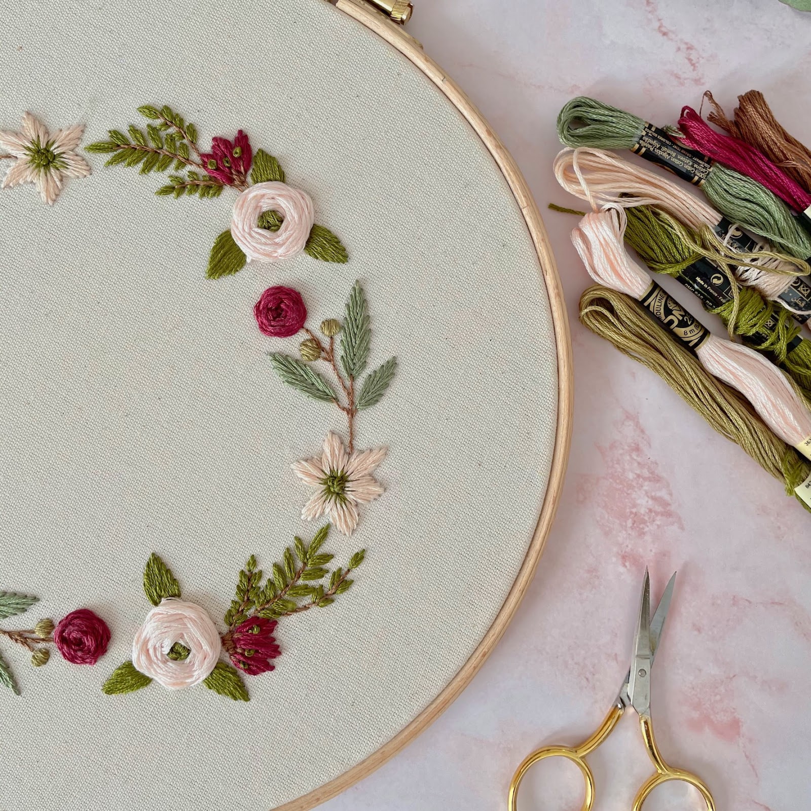 floral embroidery on hoop