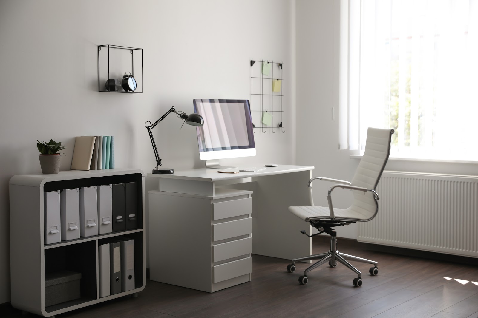 Stylish office workstation setup with ergonomic office chair, and desk