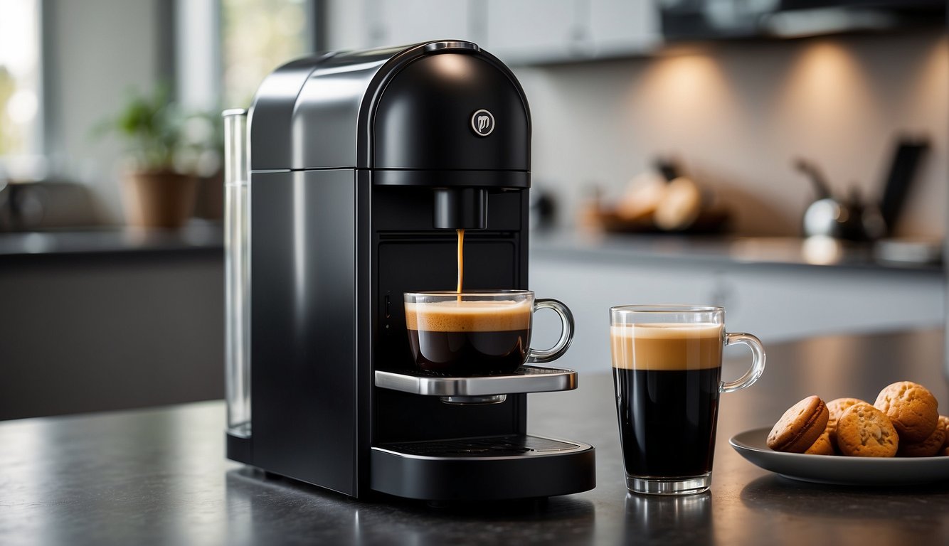 A black Nespresso Vertuo Pop coffee machine on a clean countertop with a 220V power cord plugged in
