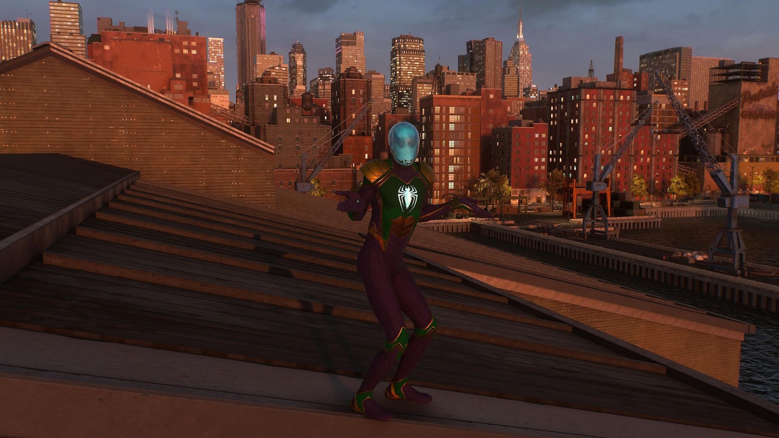 An in game screenshot of Miles Morales in the Smoke and Mirrors suit from Marvel's Spider-Man 2