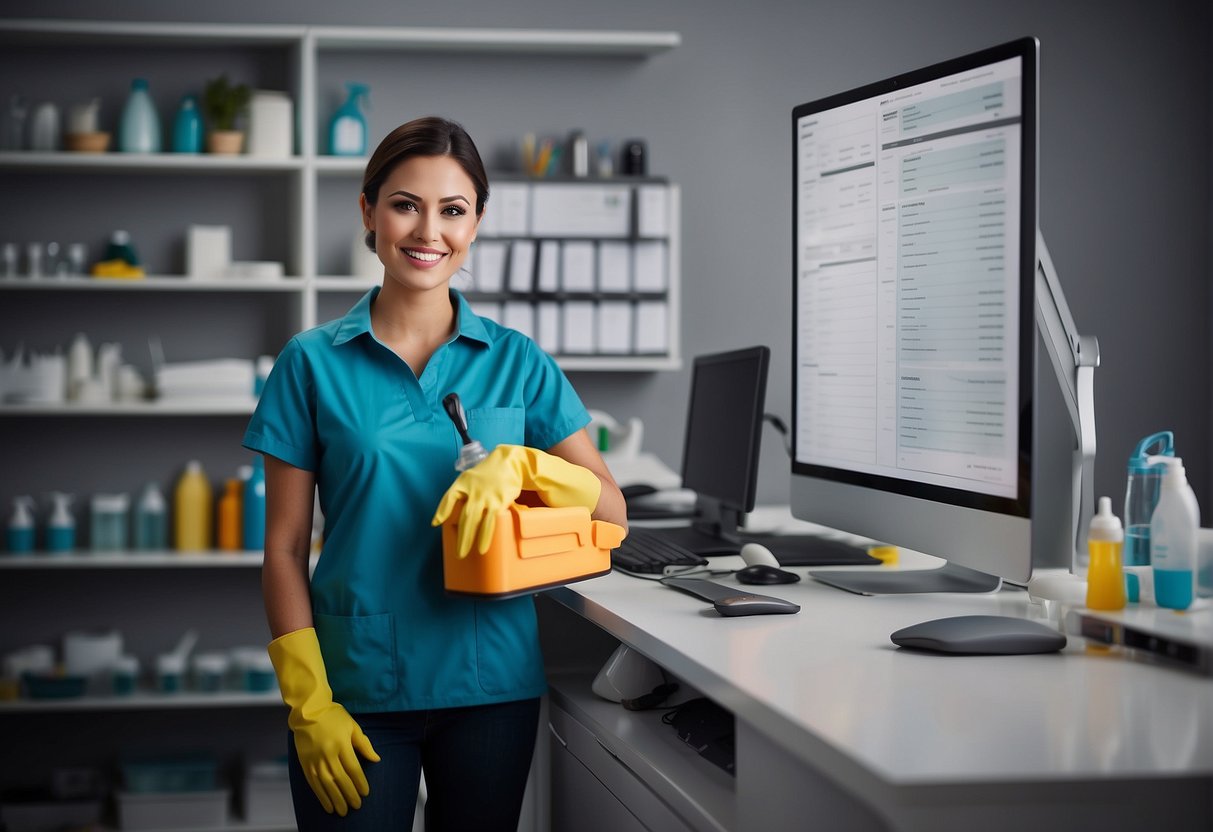 A professional cleaner stands next to a checklist, surrounded by cleaning supplies and equipment. A happy client looks on as the cleaner demonstrates their high-quality service