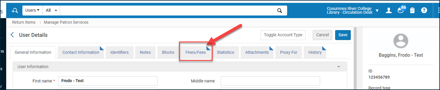 screenshot of user record with arrow to fine/fee tab