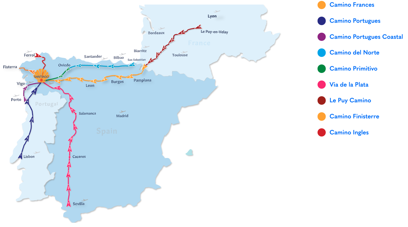 朝聖之路路線地圖，比較常見的主要五條朝聖路線: 法國之路、北方之路、南方之路、原始之路、葡萄牙之路