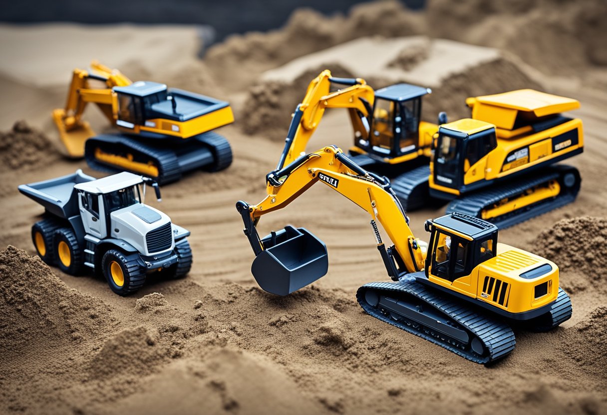 Various 1:50 scale diecast construction equipment arranged on a dirt-covered construction site, including excavators, bulldozers, cranes, and dump trucks