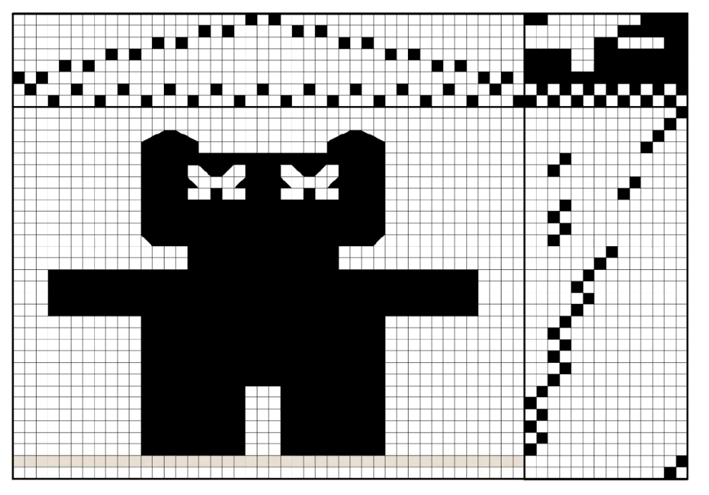 Image: [Fig. 2] Yu's "Teddy Bear" weaving draft. There's a white grid pattern with black squares filled in. On the right is a section of grid with a few strands of black blocks. Screenshot by Yunyao Que. 