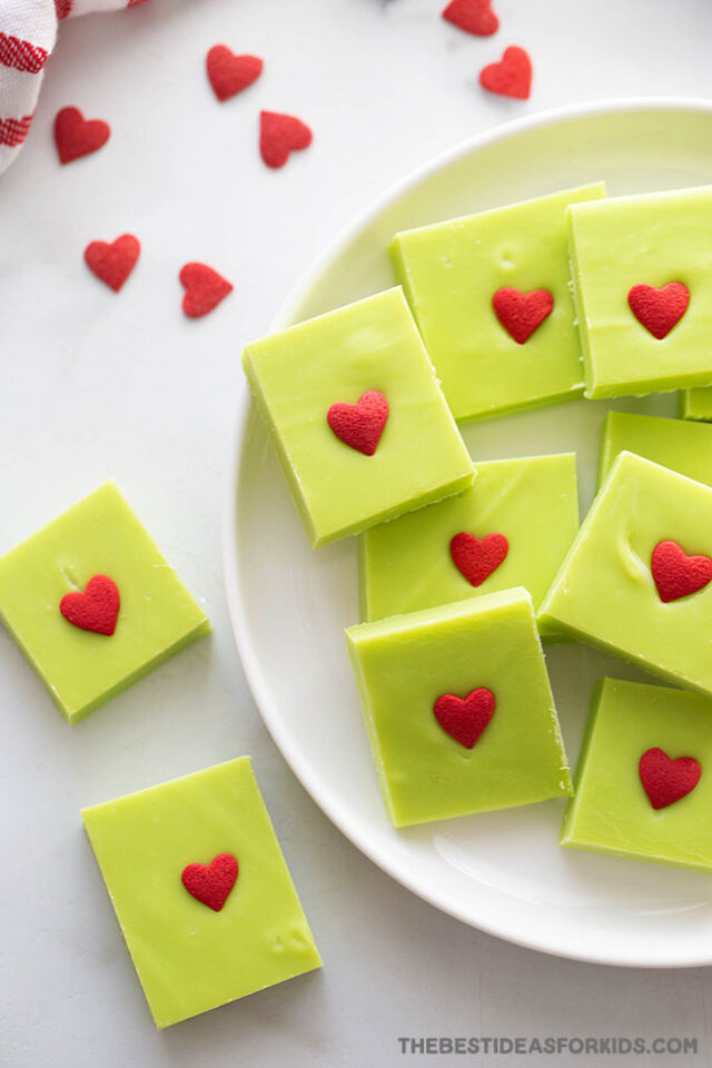 green grinch fudge with red hearts