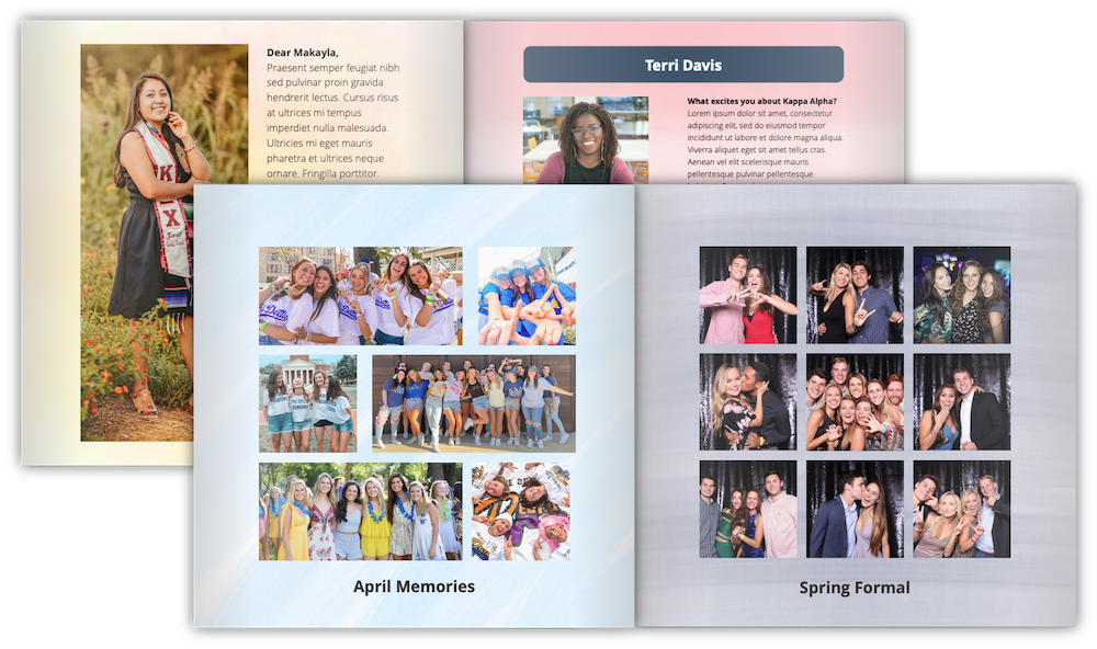 A Newlywords Collaborative Memory Book with open pages to showcase how much you can do with these books. A page of photos of "April Memories", one with "Spring Formal" photos, as well as pages with text and photos of specific individuals with their name, photo and more text.