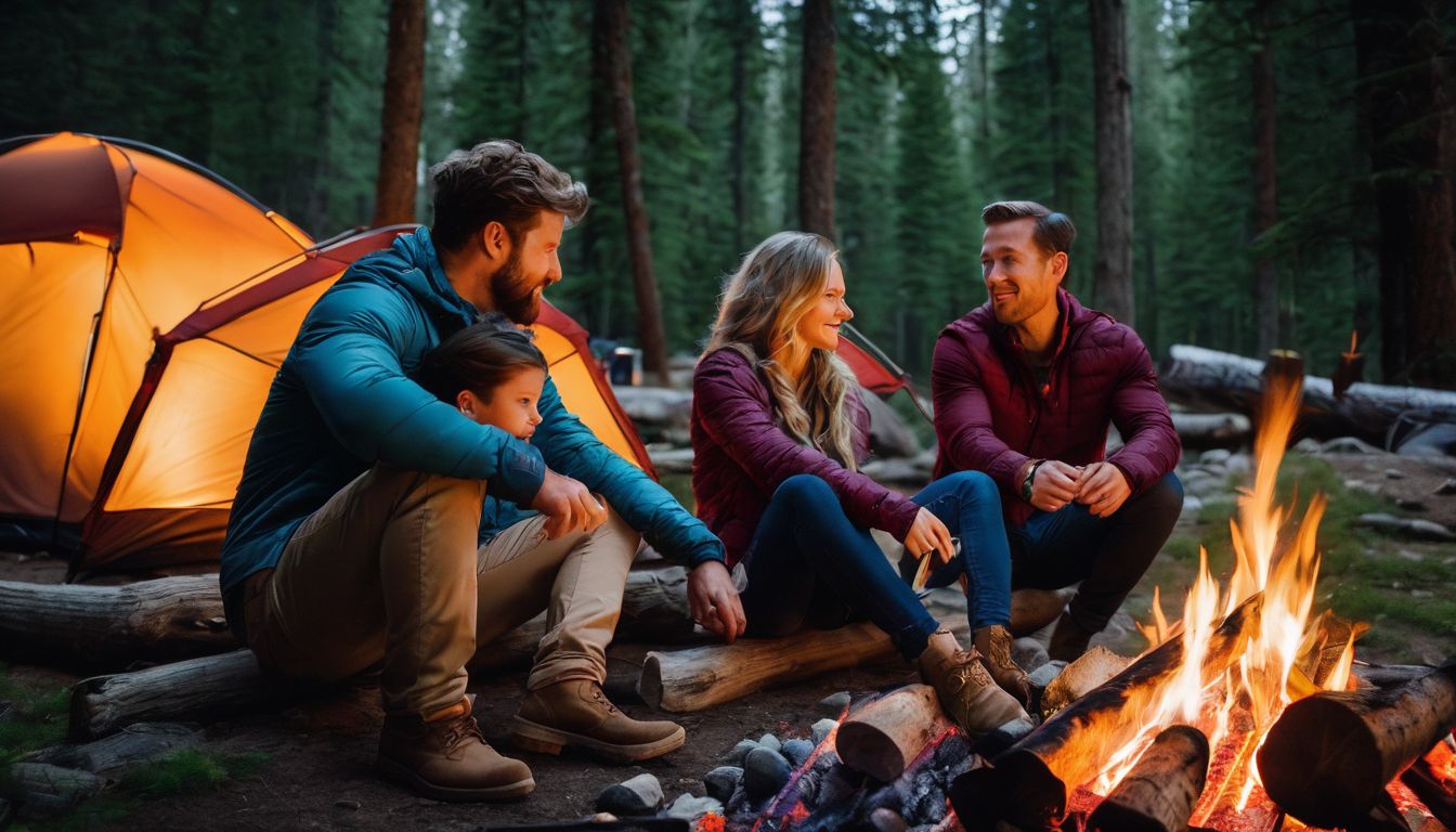 A family enjoying a campfire in a scenic outdoor setting.