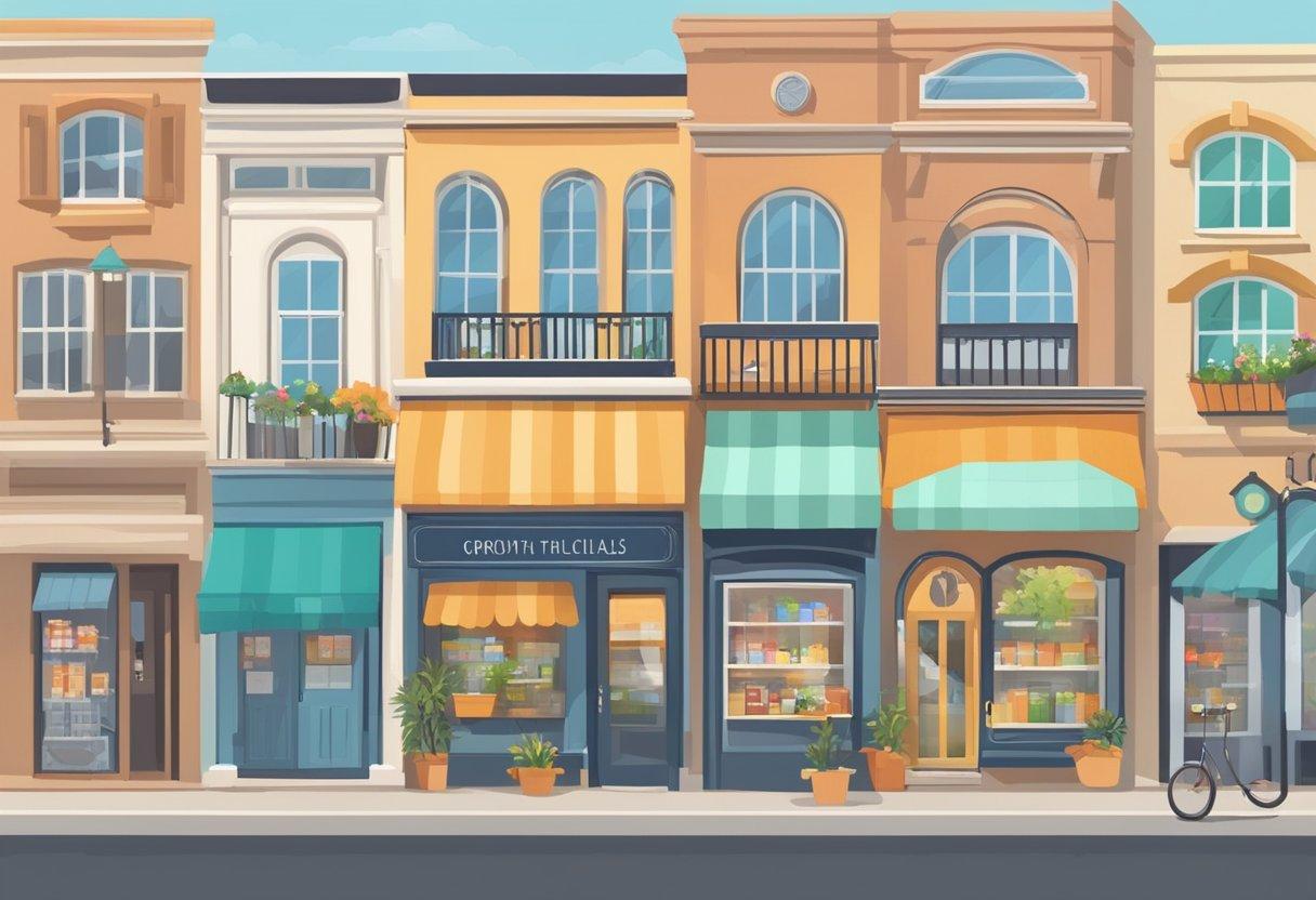 Local businesses thrive with a website for growth. Show a bustling town with various storefronts, one with a prominent website displayed, attracting customers
