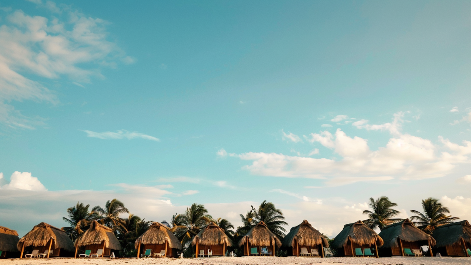 Nipa huts lined along the shore of a beach in Cancun