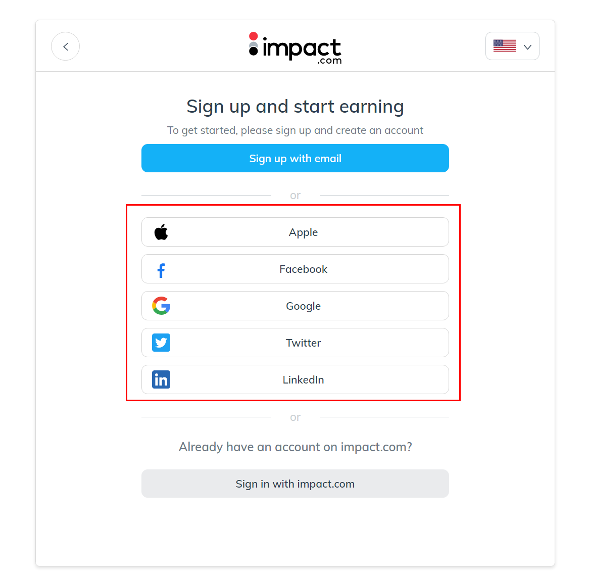 Impact Radius network: Sign up page step 1