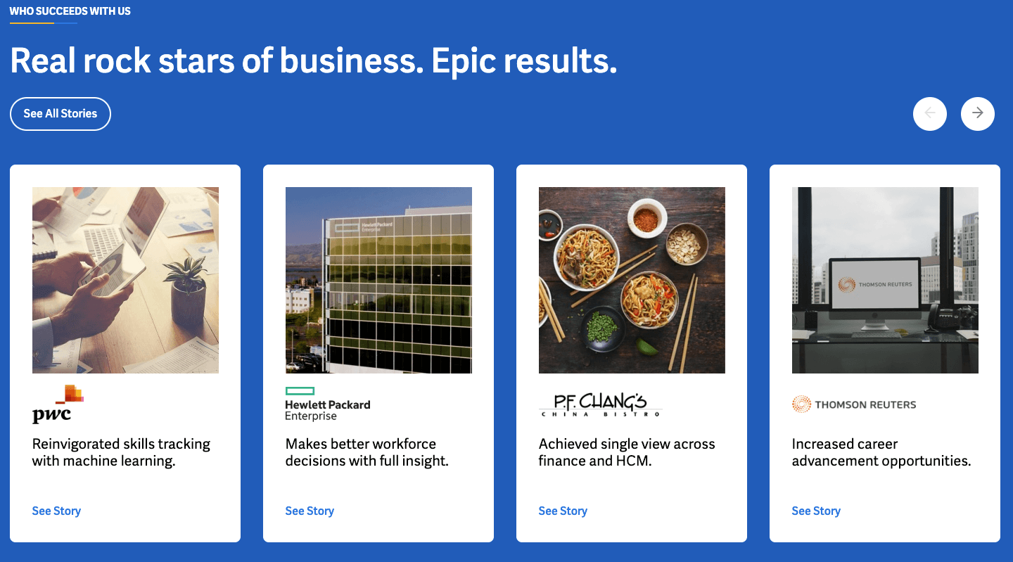 Screenshot from Workday's home page, featuring links to four customer case studies. Headline: "Real rock stars of business. Epic results."