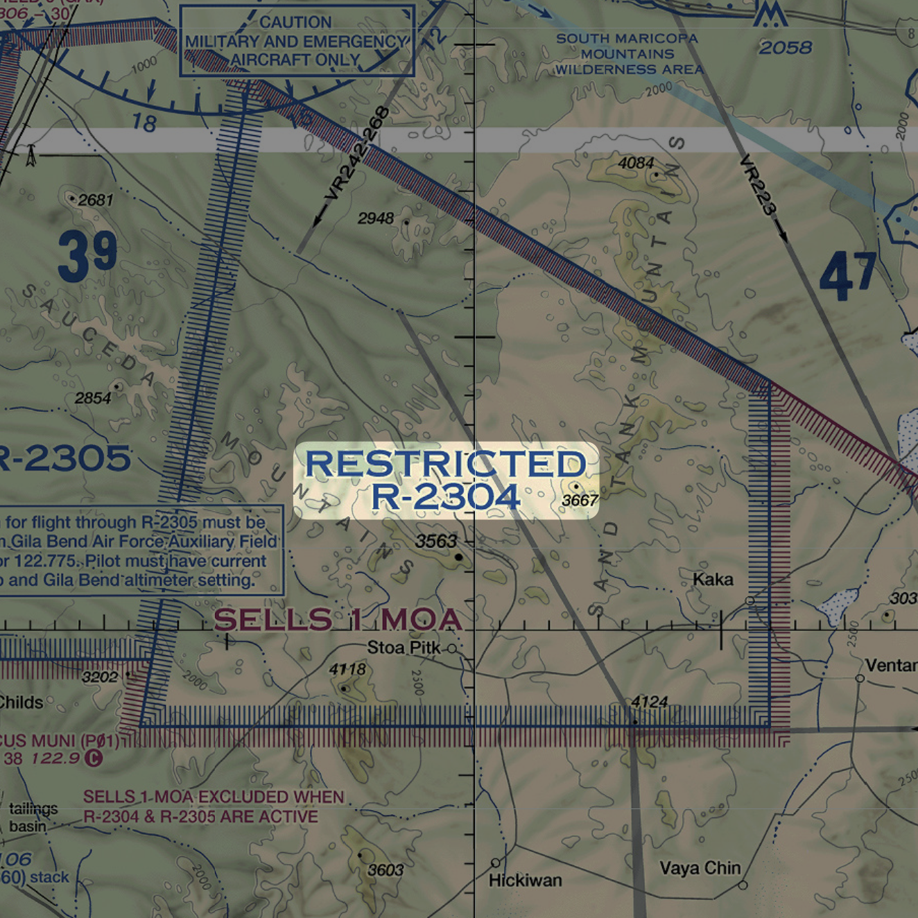 A diagram depicting restricted airspace numbers on a sectional chart.