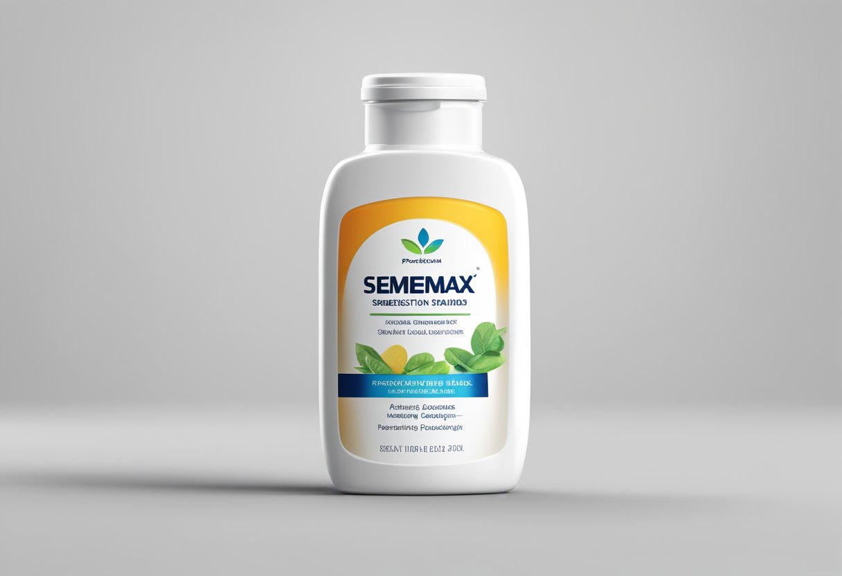 A bottle of Semenax stands on a clean, white surface. The label is bold and vibrant, with the product name and benefits clearly displayed