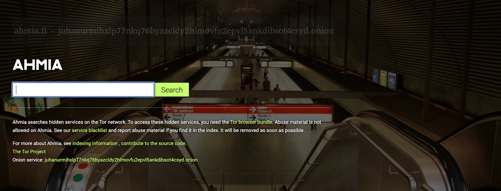 Screenshot of Ahmia on the dark web