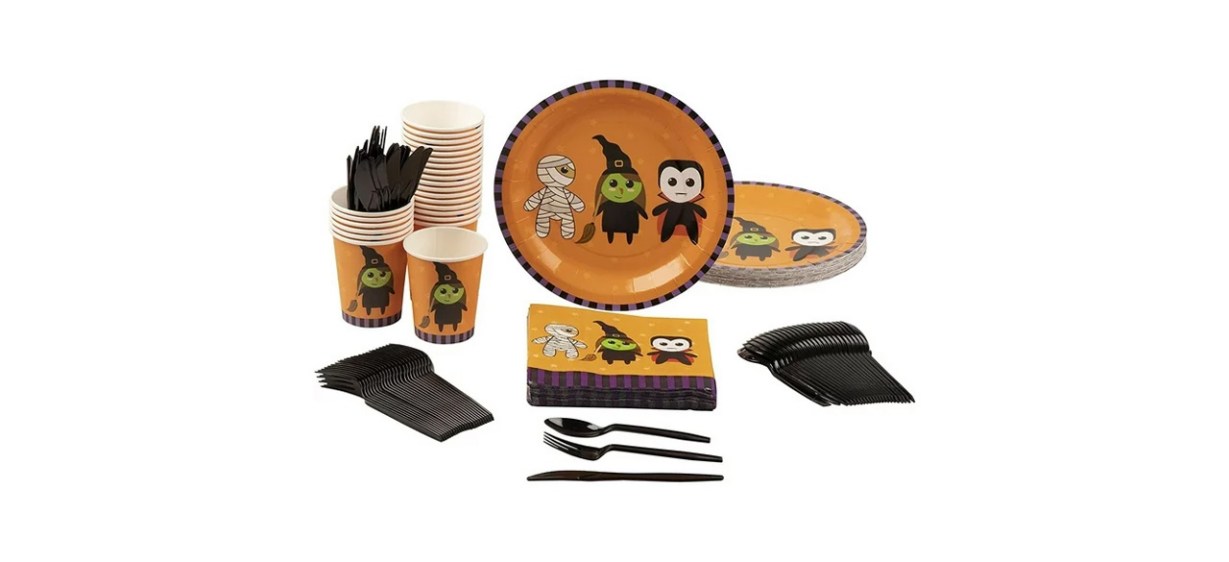 Halloween cups, napkins and plates on white background