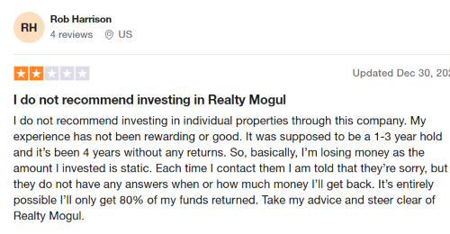 A two-star Realty Mogul from a person that doesn’t recommend using the platform. 