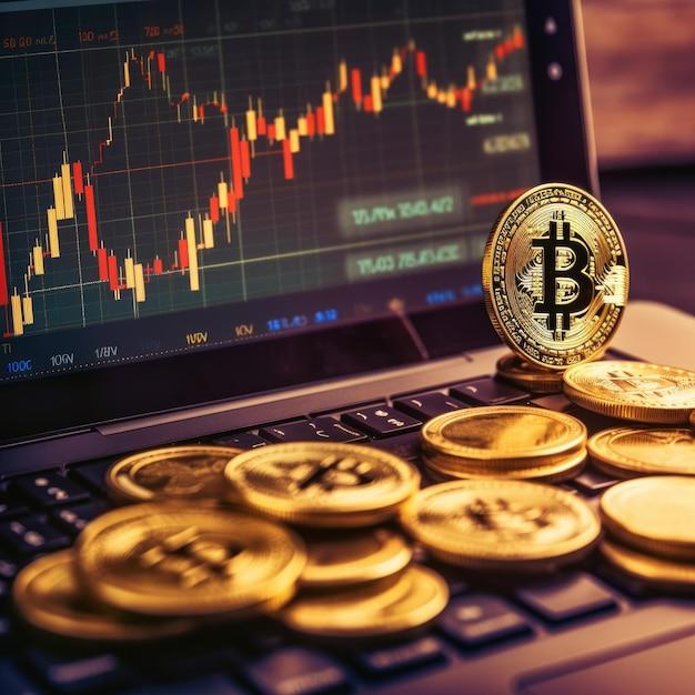 Bitcoin gold coins and trading chart on laptop desktop monitor