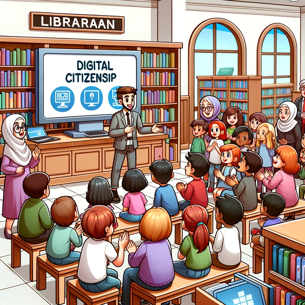 a class of students learn about digital citizenship in a library