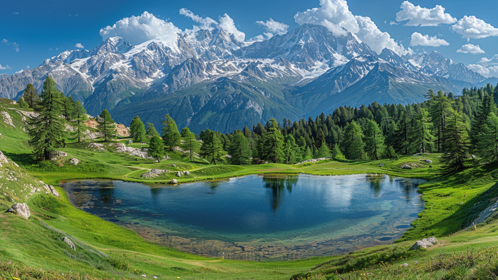 A lake surrounded by lush greens in Courchevel, France