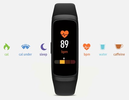 Galaxy Fit showing a heartbeat icon behind a row of activity trackers