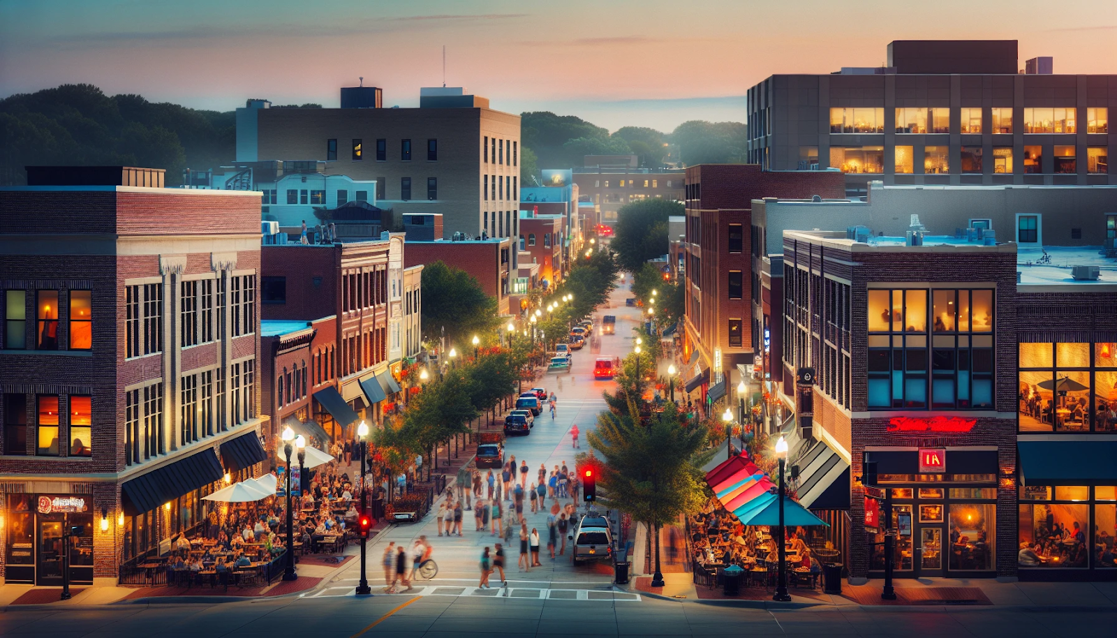A vibrant downtown scene in Iowa City with numerous restaurants and bars, making it a great place for young professionals and residents to explore