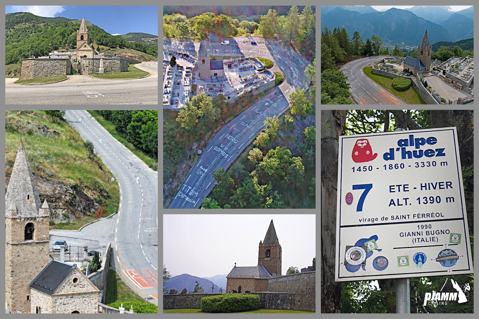 photo collage of Alpe d'Huez's Dutch Corner, sign for turn number 7, aerial drone views of old stone church at intersection