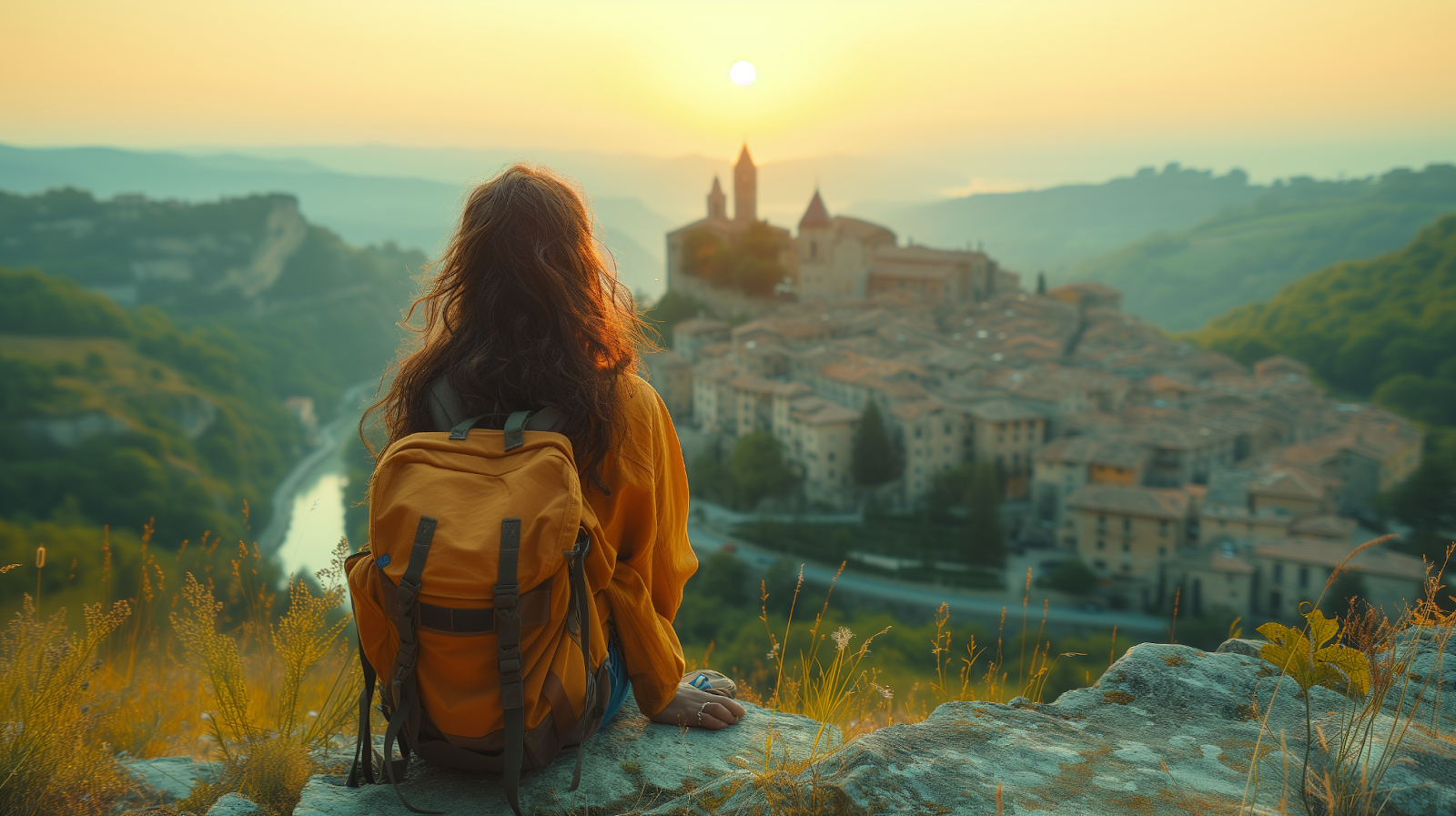 A traveler overlooking a small town in San Marino