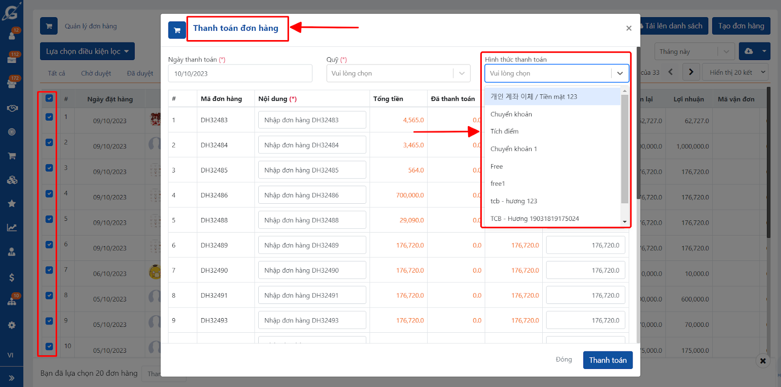 Bổ sung chọn hình thức thanh toán khi thanh toán hàng loạt đơn hàng