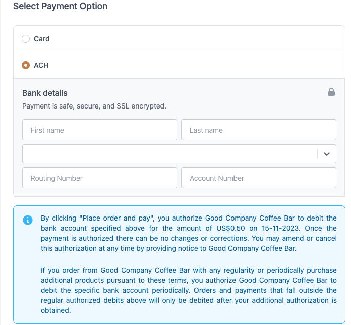 Select payment option module inside Local Line when connecting ACH payments.