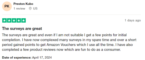 A 5-star Ipsos iSay review from a user who enjoys completing surveys and earning Amazon vouchers. 