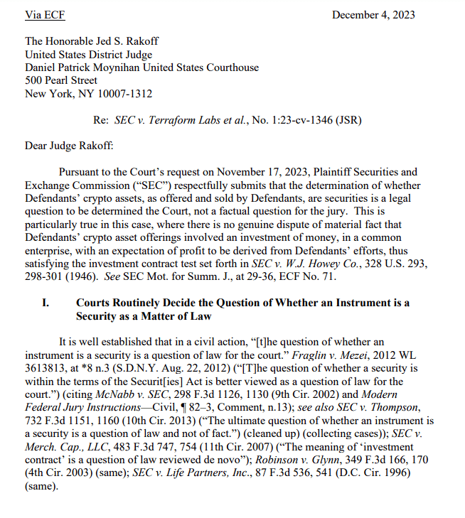 Sec Seeks Judge'S Ruling On Terraform Labs